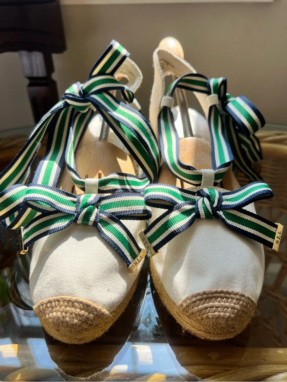 Lauren Ralph Lauren Canvas Espadrille Wedge Sandals Ribbon Lace Up Size 9 New